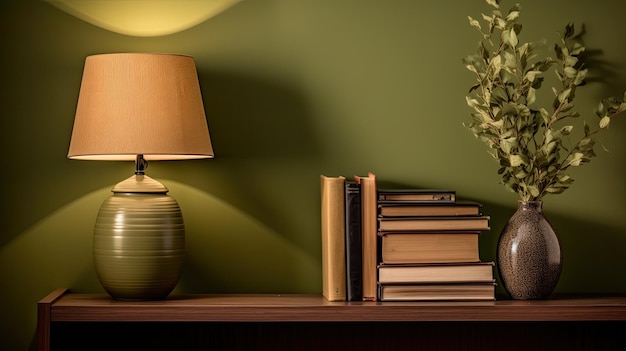 Zdjęcie zielonej lampy oliwkowej na półce z książkami