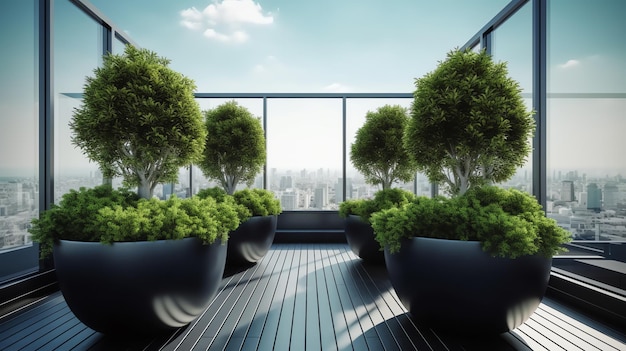 Zdjęcie zielonej rośliny na szczycie budynku z wygenerowaną ai szklanej ściany