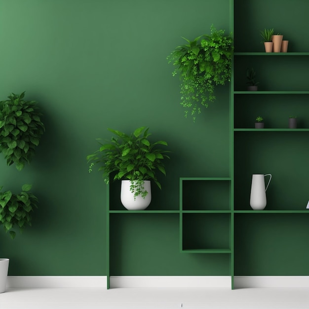 Zdjęcie zielonej ściany makieta z zieloną rośliną i renderowaniem shelf3d