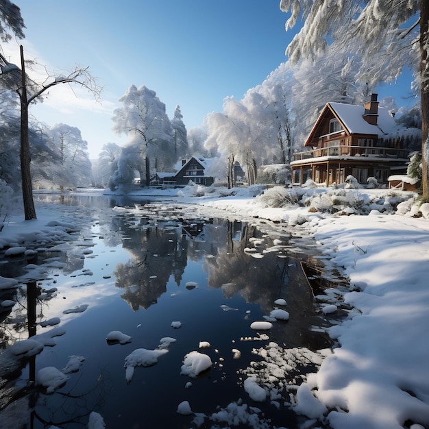 Zdjęcie zimowej sceny na cichym jeziorze śnieg w słoneczny zimowy dzień światło dzienne filmowy kolorowy
