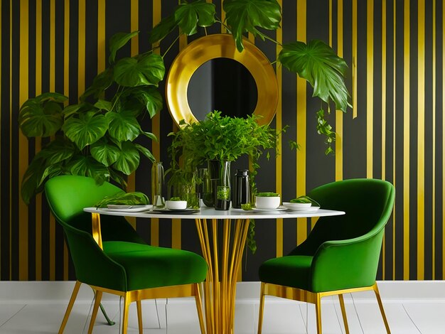 Zdjęcie złotych linii na zielonej tapecie, stole, krześle i wazonie, wygenerowane przez AI