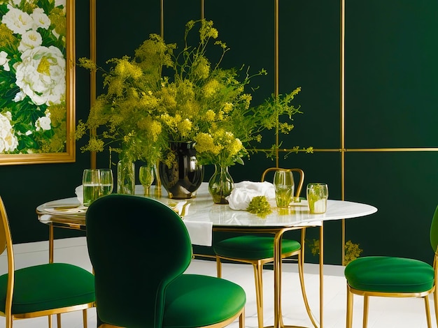 Zdjęcie złotych linii na zielonej tapecie, stole, krześle i wazonie, wygenerowane przez AI