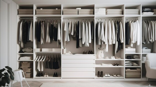 Zdjęcie zorganizowanej szafy z minimalistycznymi rozwiązaniami garderoby i przechowywania
