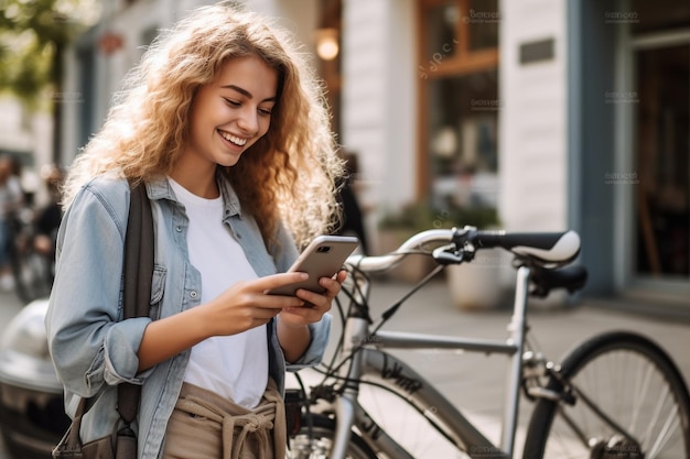 Zdjęcie zdjęcie zrelaksowanej dziewczyny z telefonem stojącej w pobliżu roweru i uśmiechniętej