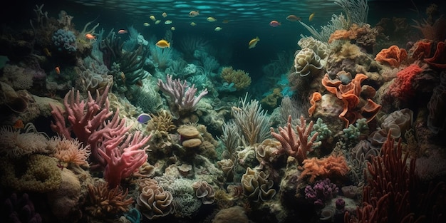 zdjęcie zrobione od dołu, przedstawiające tętniącą życiem rafę koralową