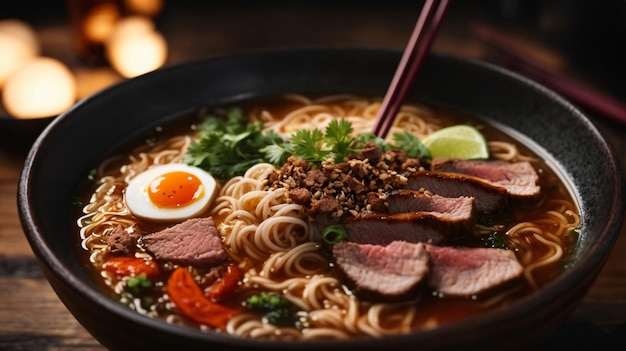 zdjęcie zupy ramen z makaronem, miękkim jajem i wieprzowiną chashu na ciemnym tle