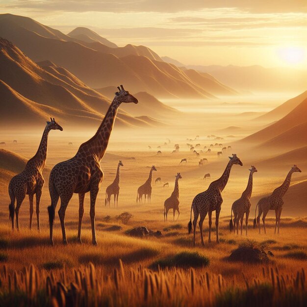 zdjęcie żyraf i żyraf w polu z górami na tle