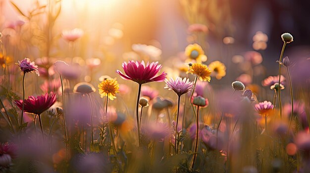Zdjęcie żywej łąki ze złotym światłem słonecznym, jasnymi dzikimi kwiatami, ciepłymi żółtymi i różowymi.