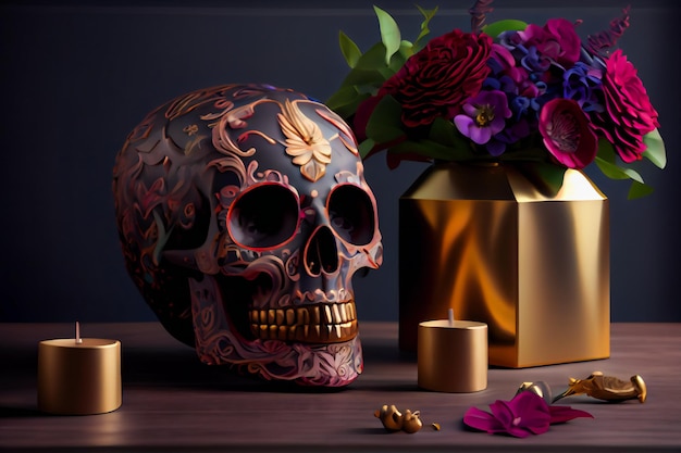 Zdobiona kolorowa czaszka Dzień zmarłych Meksyk Generatywna AIxA