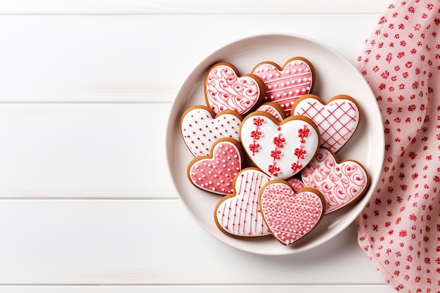 Zdobione ciasteczka w kształcie serca na drewnianym stole Walentynki