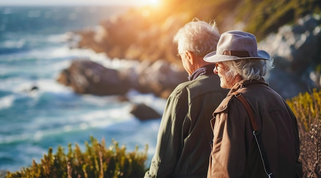 Zdjęcie zdrowa i szczęśliwa starsza para ciesząca się emeryturą w pobliżu plaży
