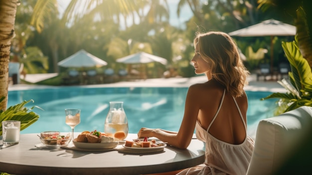 Zdrowa kobieta na basenie w luksusowym tropikalnym kurorcie, z różnymi potrawami i napojami na stole Luksusowy styl życia na plaży podczas letnich wakacji