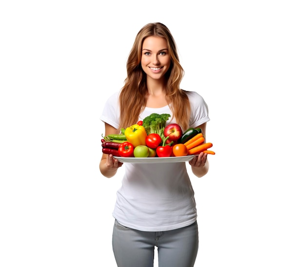Zdrowa kobieta trzymająca świeże warzywa na jasnym tle