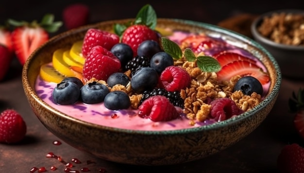 Zdrowa miska z jagodami z granolą i greckim jogurtem na wiejskim drewnie wygenerowanym przez sztuczną inteligencję