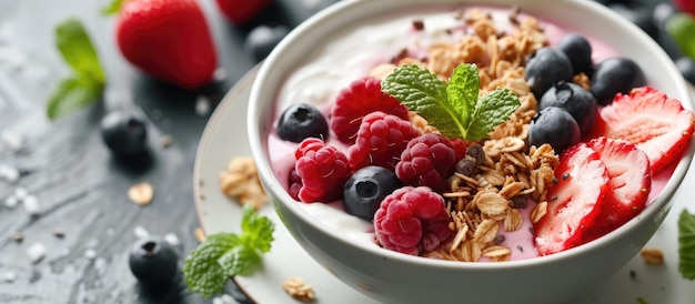 Zdjęcie zdrowa miska z jogurtem z mieszanymi jagodami, tropikalnymi owocami i granolą, odżywczy posiłek