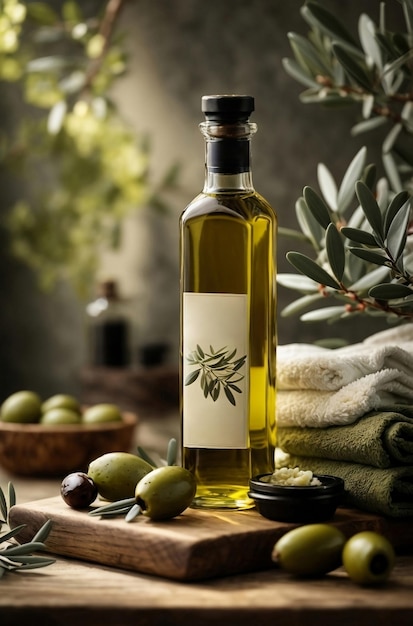 Zdjęcie zdrowa oliwa z oliwek w szklanej butelce