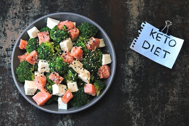 Zdrowa sałatka dla diety ketonowej. Sałatka z brokułami, białym serem i łososiem. Pomysł na lunch keto. Notatka z napisem Keto Diet.