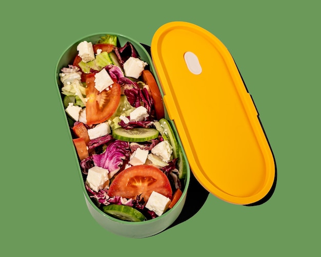 Zdrowa sałatka jarzynowa na lunch w plastikowym pudełku śniadaniowym Wegetariańskie danie na posiłek wewnątrz pojemnika z pokrywką