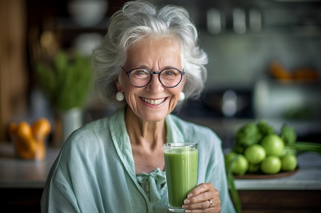 Zdrowa starsza kobieta uśmiecha się, trzymając w kuchni szklankę zielonego soku