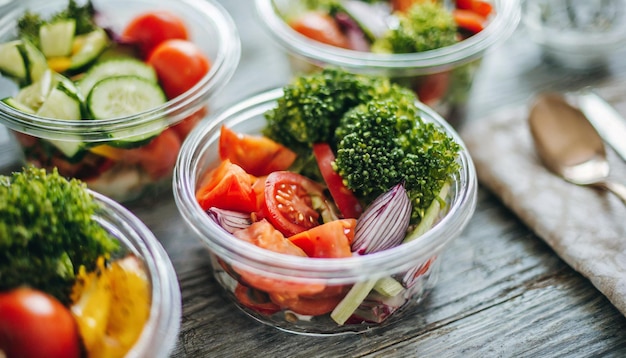 zdrowe dania wegańskie w szklanych pojemnikach prezentujące świeżość z surowymi warzywami zawierającymi składniki odżywcze