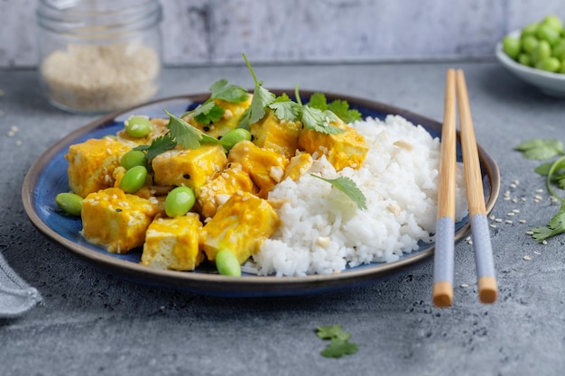 Zdrowe Gotowane Tofu Z Sosem I Ryżem