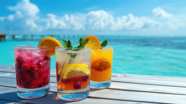 Zdrowe jagody Koktajle na stole na plaży z błękitnym morzem na tle Koncepcja letnich wakacji na Malediwach lub na Karaibach Świeże owoce lód zimne napoje do odświeżenia w gorącą pogodę