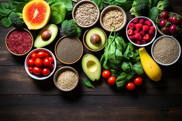 Zdrowe jedzenie czyste jedzenie owoców warzyw nasiona superfood zboża warzywa liściaste na drewnianym
