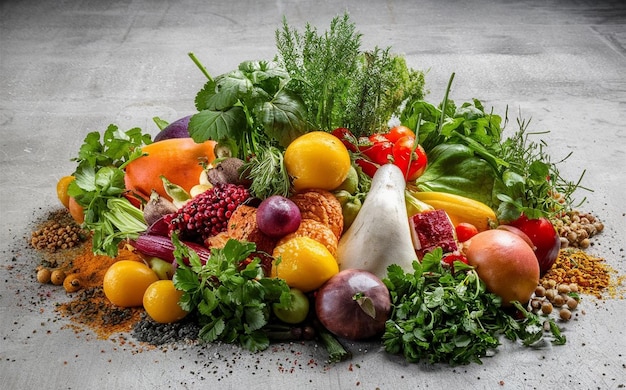 Zdrowe jedzenie czyste jedzenie wybór liści, warzyw, owoców na szarym tle betonowym Zdrowe żywność, zioła, przyprawy do użycia jako składniki kuchenne z świeżymi, ekologicznymi warzywami, żywność w kuchni