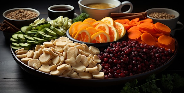 Zdjęcie zdrowe jedzenie i napoje koncepcja świeży owocowy sałatka w miskach na stole