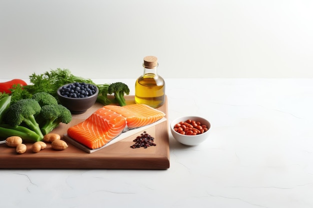 Zdrowe jedzenie o wysokiej zawartości omega-3 na białym marmurowym tle Zdrowa jedzenie z wyboru czystego jedzenia, w tym ryby, owoce, warzywa, zboża i orzechy, jest prezentowane AI generowane