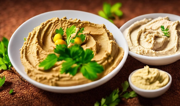 Zdjęcie zdrowe jedzenie tradycyjny świeżo przygotowany ekologiczny humus dalsze dania z gruszki pyszny humus z oliwą z oliwek czerwony pieprz i cytryna