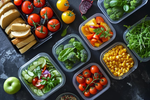Zdrowe jedzenie w plastikowych pojemnikach na czarnym tle Czysty koncept jedzenia Zdrowe koncept jedzenia Asortyment zdrowej jedzenia w plasticznych pojemnikach generowany przez sztuczną inteligencję