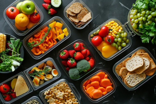 Zdrowe jedzenie w plastikowych pojemnikach na czarnym tle Czysty koncept jedzenia Zdrowe koncept jedzenia Asortyment zdrowej jedzenia w plasticznych pojemnikach generowany przez sztuczną inteligencję
