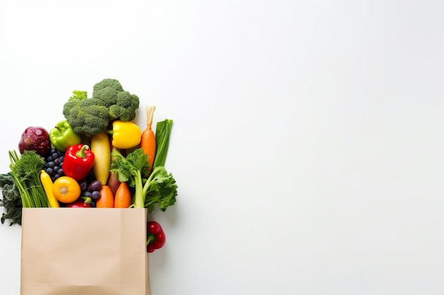 Zdjęcie zdrowe jedzenie zdrowe wegańskie wegetariańskie jedzenie w papierowych torbach warzywa i owoce na białym