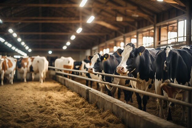 Zdrowe krowy mleczne karmiące się paszą stojące w rzędzie stajni w stodołach hodowlanych z pracownikiem