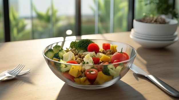 Zdrowe odżywianie dieta kuchnia wegetariańska i koncepcja gotowania zbliżenie miski sałatkowej i widelca w domu Generative Ai