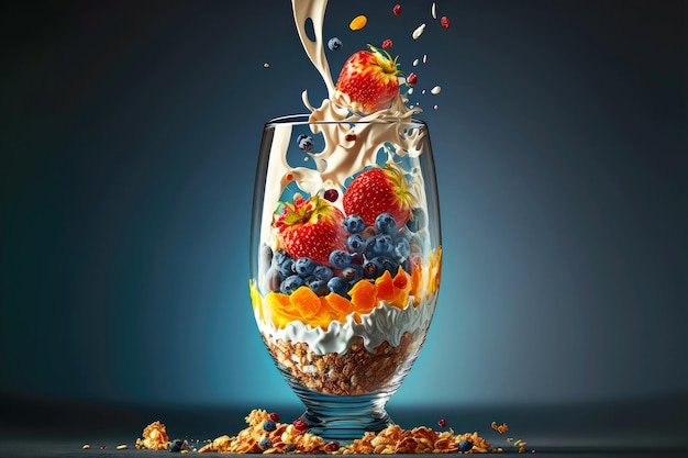 Zdrowe płatki śniadaniowe z mlekiem i owocami w postaci granoli w szklanym kubku