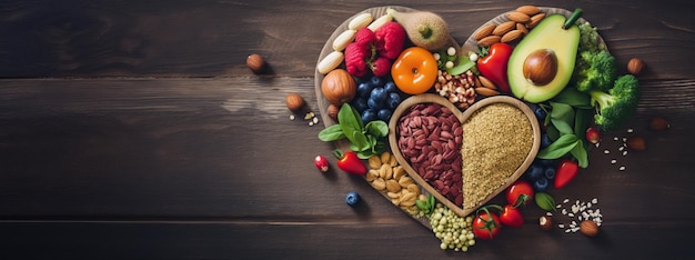 Zdrowe produkty spożywcze dla zdrowej diety na drewnianym tle widok z góry miejsce na tekst