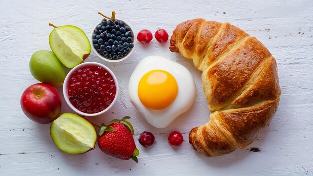 Zdrowe świeże owoce z jajem i croissantem na białym tle