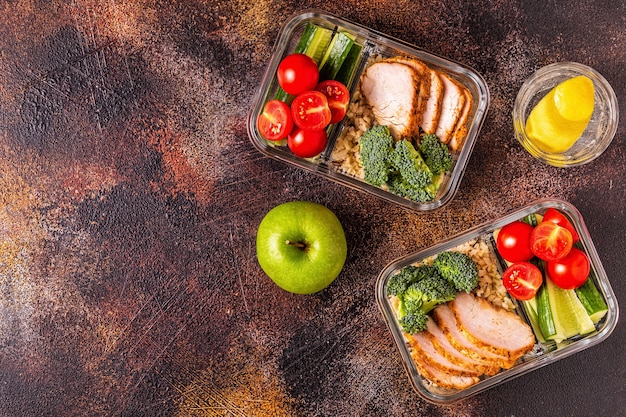 Zdrowe, zbilansowane pudełko na lunch z kurczakiem, ryżem i warzywami. Biuro żywności, koncepcja zdrowego stylu życia.