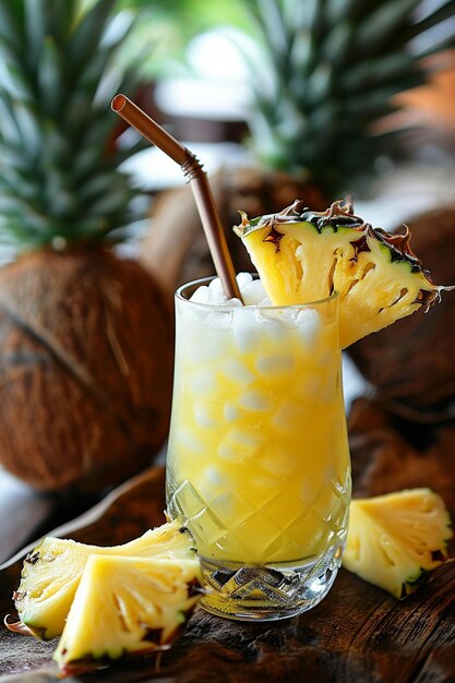Zdrowy dojrzały kokosowy smoothie z żółtym ananasem z kawałkami wapna i lodem koncepcja zdrowego jedzenia