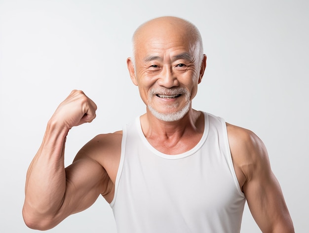 Zdjęcie zdrowy fitness starszy azjatycki mężczyzna z muskularnym ciałem