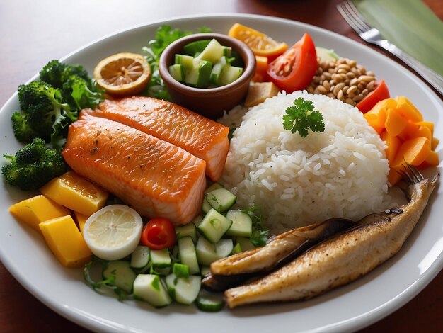 Zdjęcie zdrowy posiłek na obiad z grillowanym łososiem, rybami i warzywami