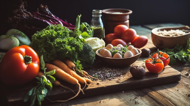 Zdjęcie zdrowy posiłek na rustykalnym drewnianym stole ze świeżymi produktami organicznymi