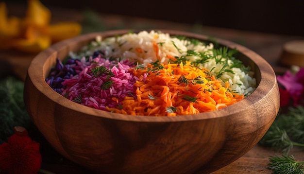 Zdrowy posiłek wegetariański ze świeżą sałatką organiczną i ryżem basmati wygenerowanym przez AI