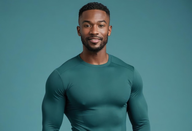 Zdrowy sportowca w zielonej koszuli sportowej stoi na błękitnym tle jego postawa i ubiór