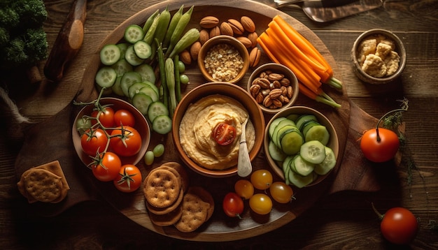 Zdrowy wegetariański posiłek na rustykalnym drewnianym stole wygenerowanym przez AI