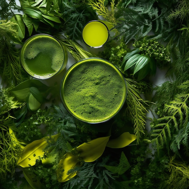 Zdjęcie zdrowy zielony smoothie w szklance z świeżymi ziołami z góry