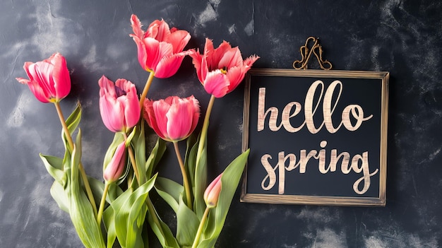 Zdrowy znak wiosny z tulipanami, kwiatami, odważnymi literami, wiosenna romantyczna pocztówka.