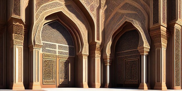 Zdumiewająca ilustracja 3D majestatycznego meczetu z ozdobną bramą w jego środku